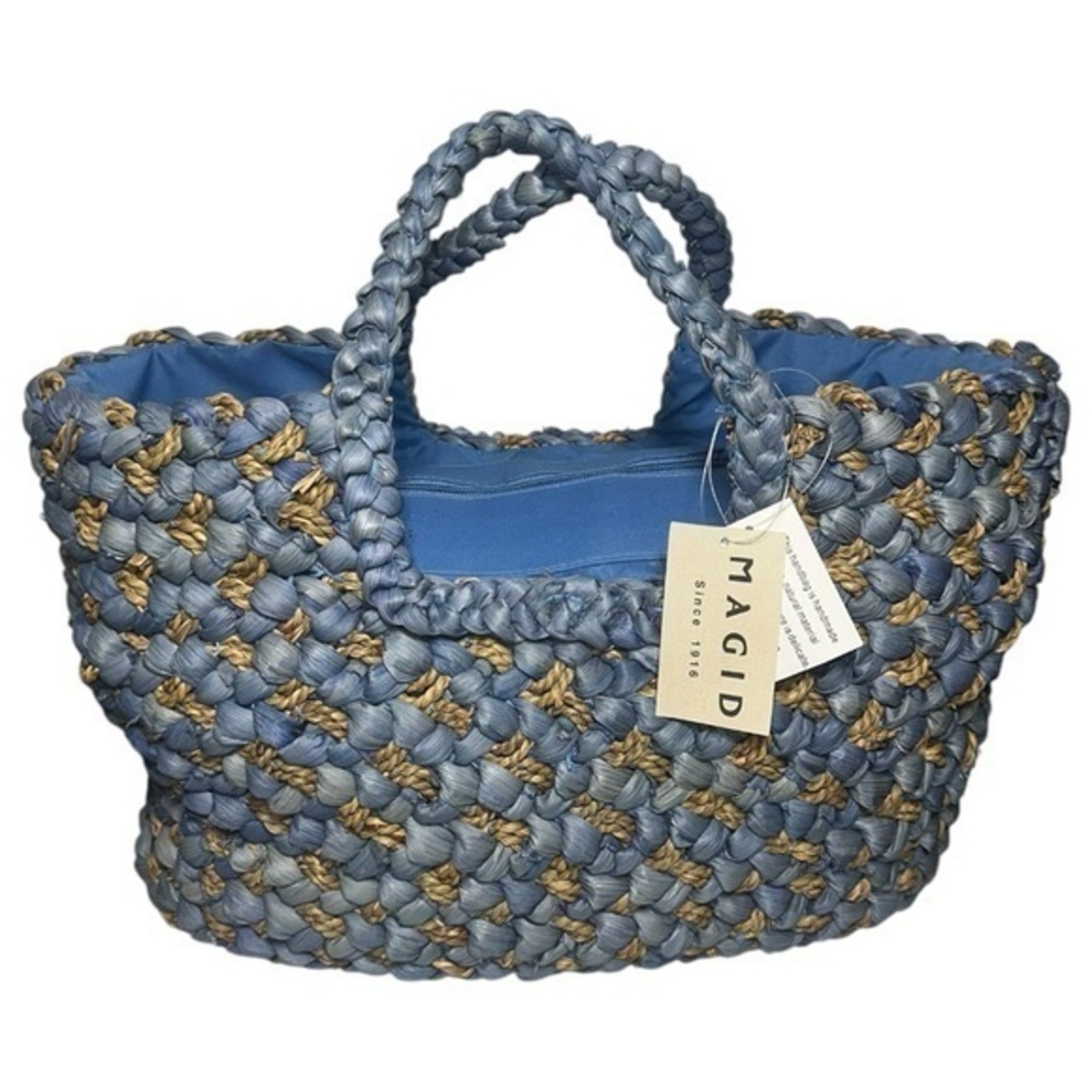 MAGID NWT Blue Natural Tan Woven Straw Zip Top Tote Bag